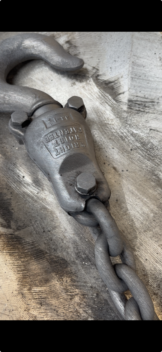 Wright hoist hook close-up — patented stamp visible
